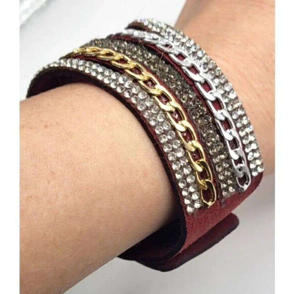Vegan Leather Masculine Chain Cuff Bracelet Snap Closure 8.5in